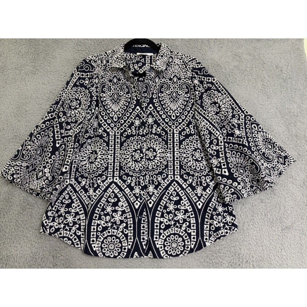 Chico's 2 Navy 100% Cotton Eyelet Bell Sleeve Button-Up Shirt Size Large